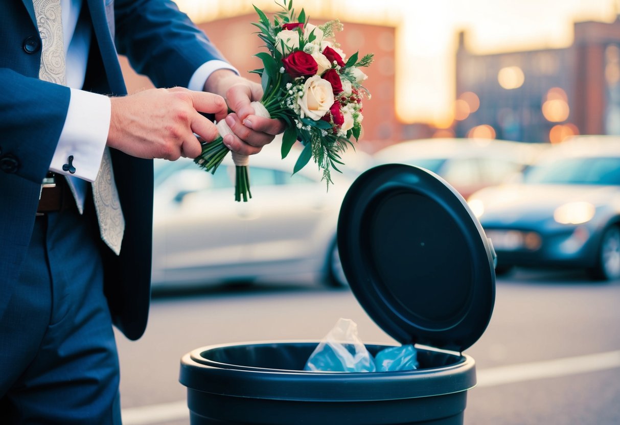 A groomsman's boutonniere being tossed into a trash can
