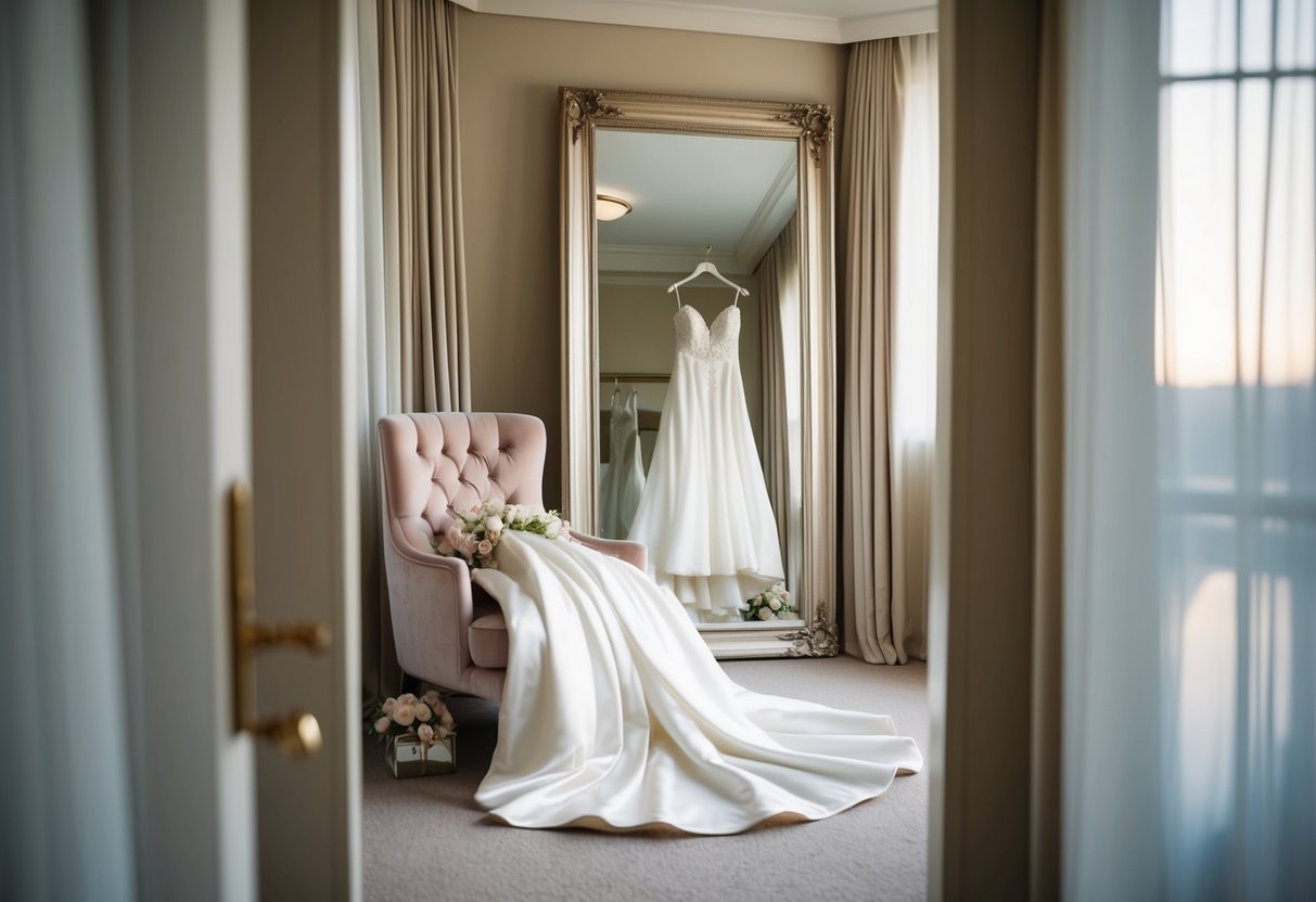 A bride's dress lies draped over a plush chair, surrounded by elegant accessories and a full-length mirror reflecting a serene, well-lit dressing area
