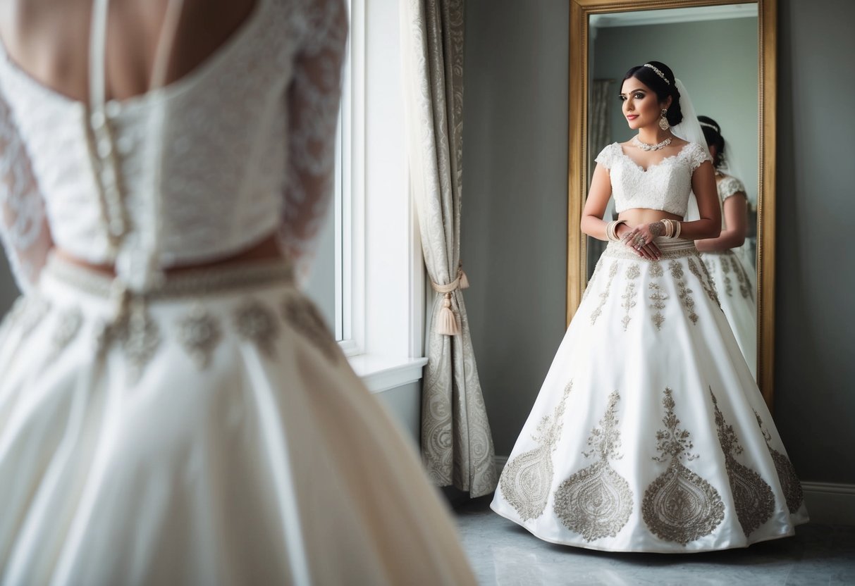 A bride in traditional wedding attire, wearing a skirt with intricate embroidery and flowing fabric, stands in front of a mirror, contemplating her choice