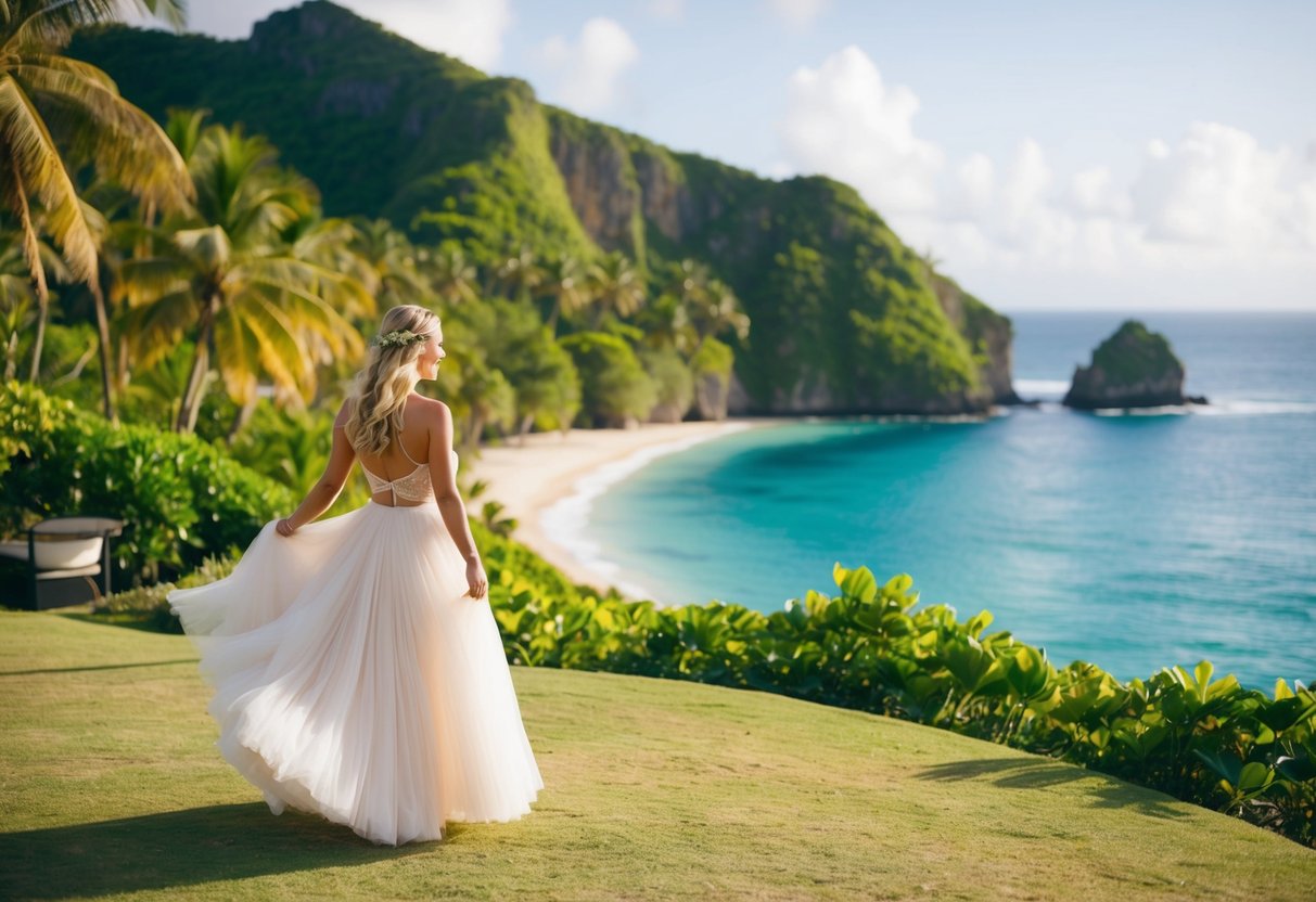 A bride in a flowing skirt stands on a cliff overlooking a tropical beach wedding destination. The scene is filled with vibrant colors and lush greenery