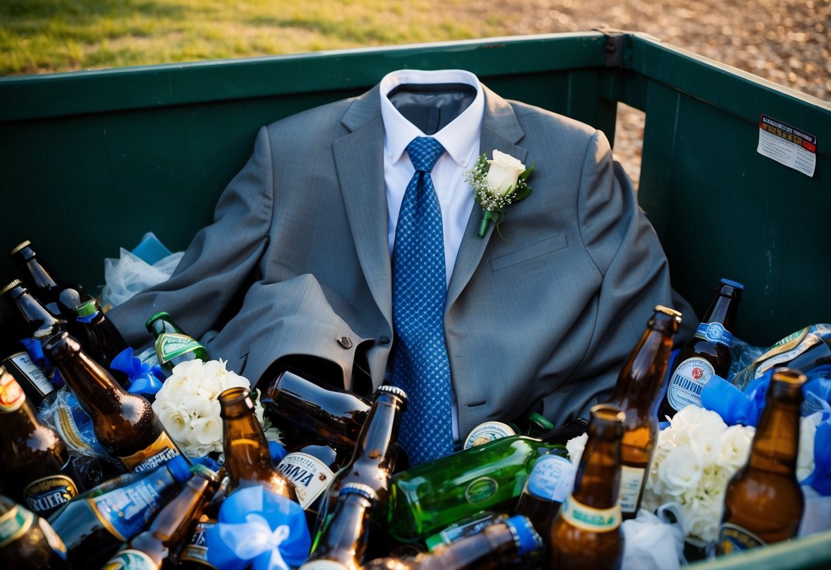 A groomsman's suit and tie tossed in a dumpster, surrounded by empty beer bottles and discarded wedding decorations