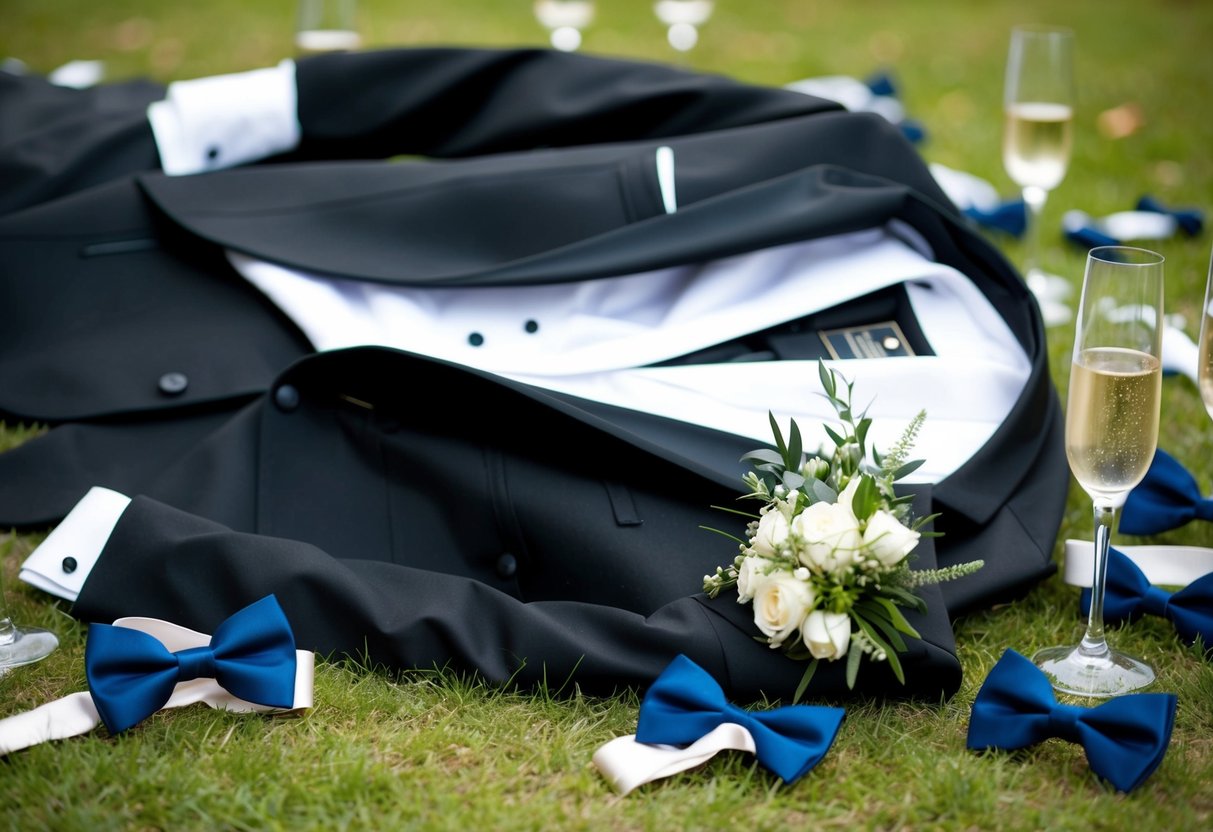 A tuxedo jacket and boutonniere tossed on the ground, surrounded by scattered bow ties and empty champagne glasses