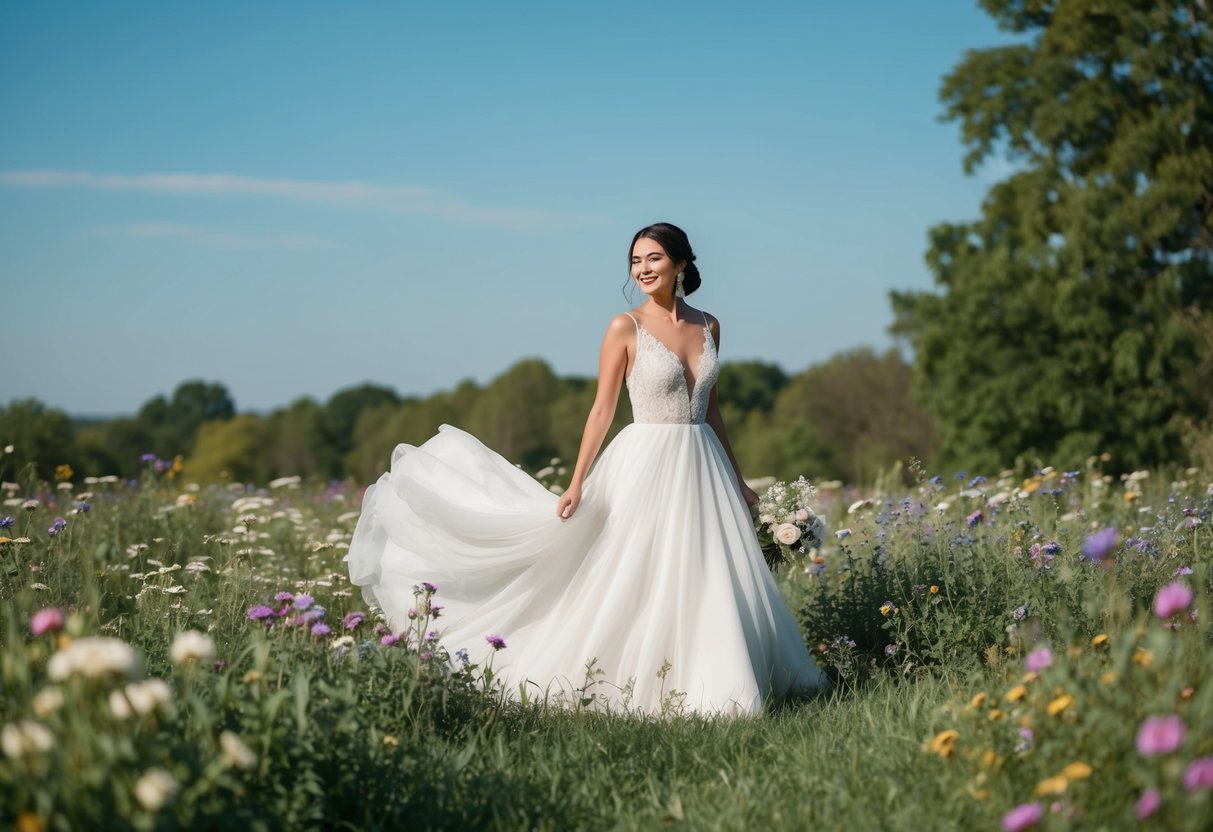 A bride in a flowing white gown stands in a field of blooming wildflowers, surrounded by greenery and a clear blue sky