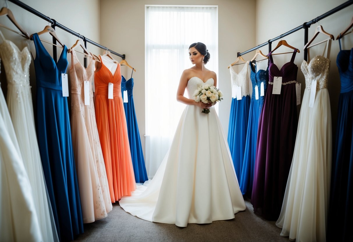 A bride stands surrounded by a variety of wedding dresses, each with different styles and price tags, as she contemplates her budget