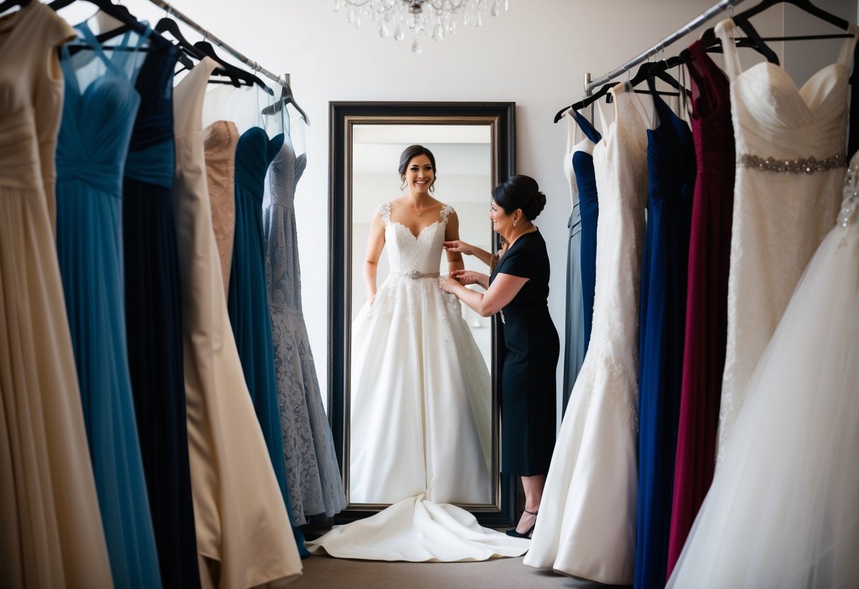 A bride surrounded by a variety of wedding dresses, standing in front of a full-length mirror, while a seamstress makes adjustments