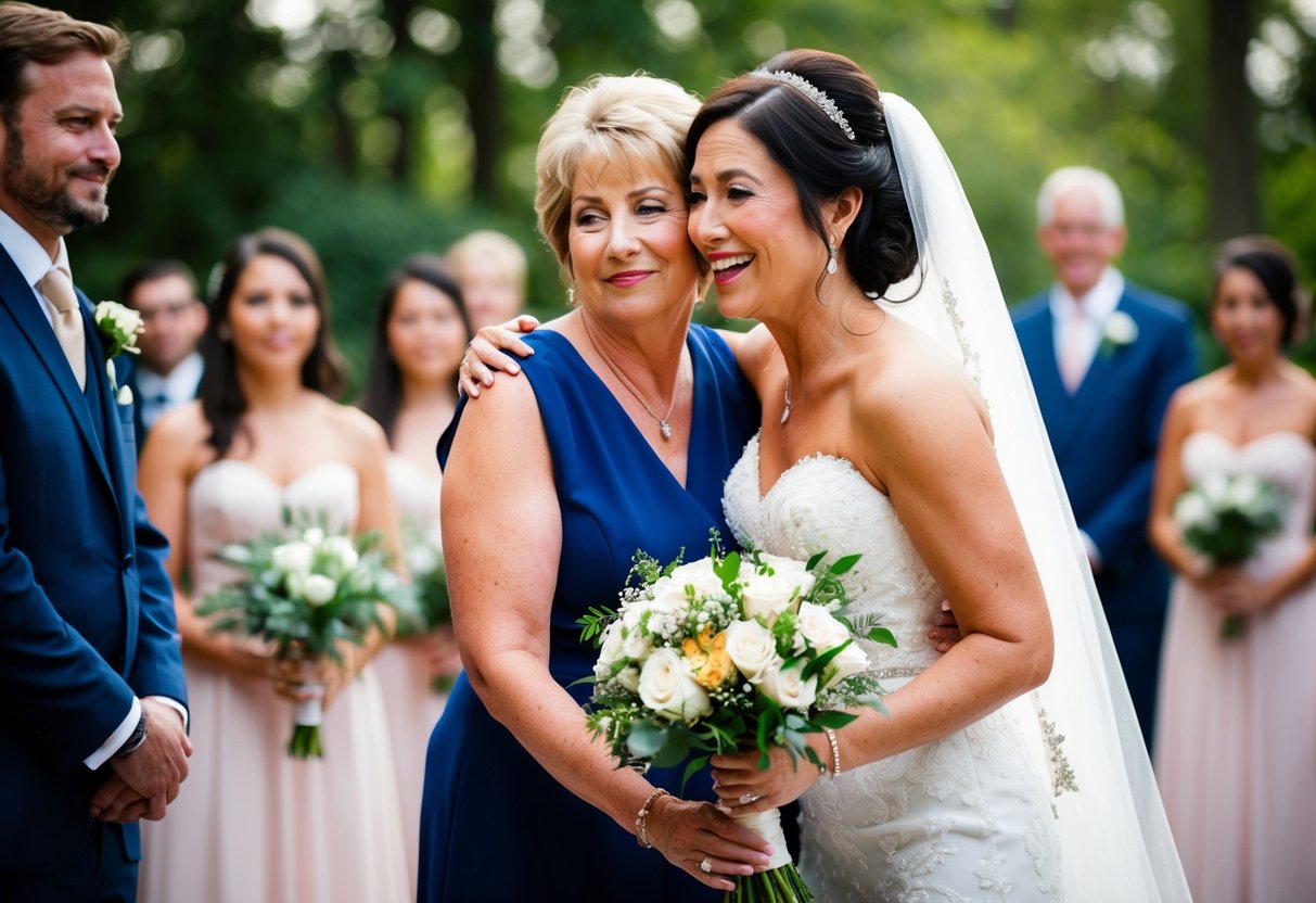 A mother of the bride receives a bouquet of flowers and a heartfelt hug from her daughter before the wedding ceremony