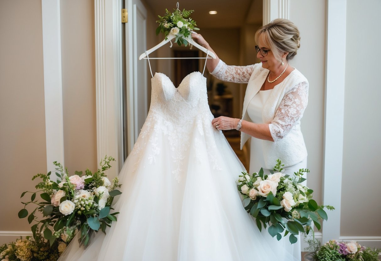 The mother of the bride carefully arranges the bridal gown on a hanger, surrounded by flowers and wedding accessories
