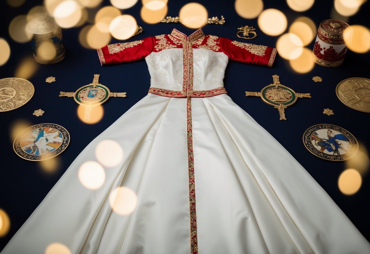 A traditional wedding dress in white, surrounded by cultural and historical symbols