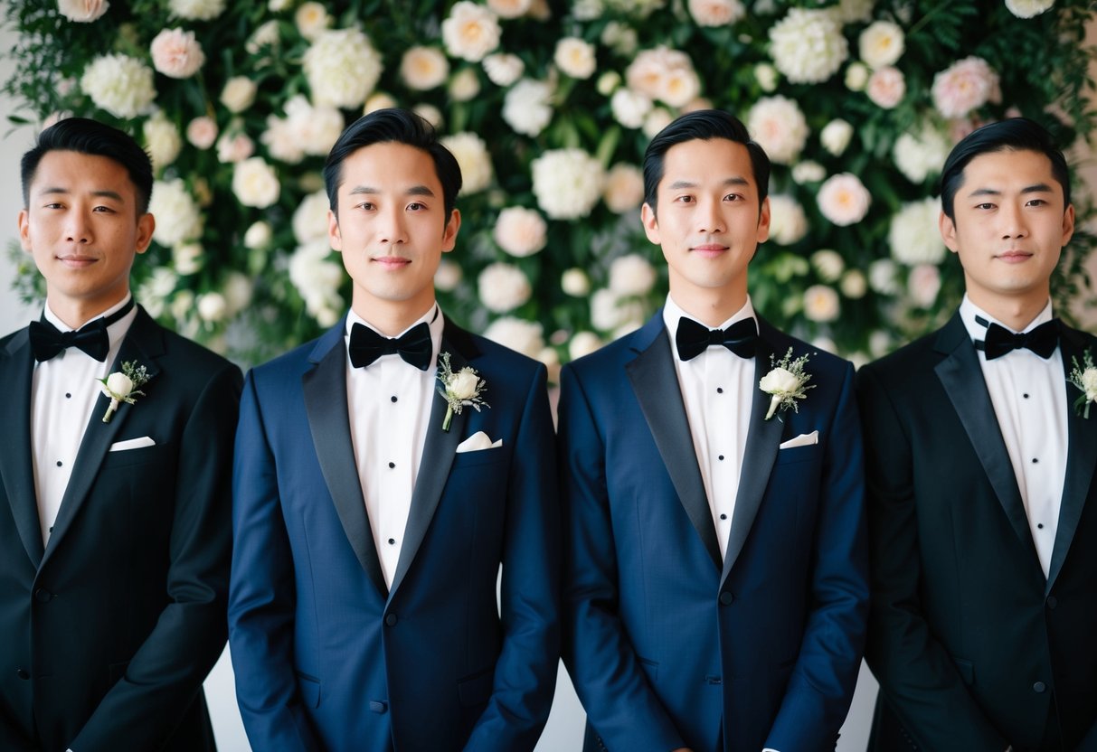 Four elegant tuxedos arranged in a line, each with a boutonniere pinned to the lapel, standing in front of a floral backdrop