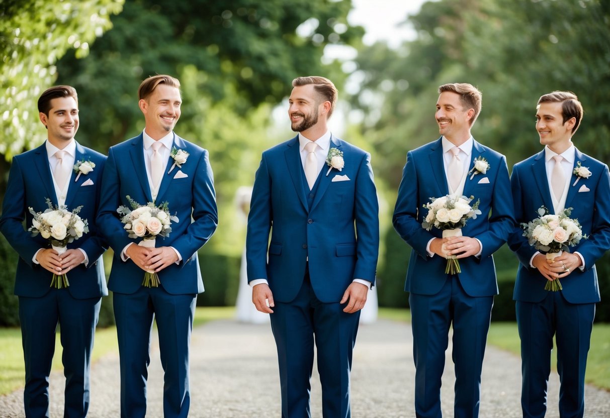 Four suited figures stand in a row, each holding a bouquet and a ring box. They smile and look towards the groom, who stands in the center