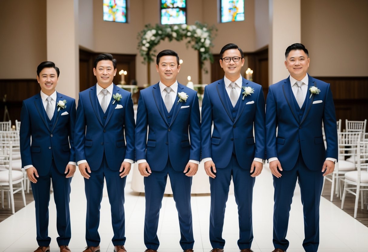 Four elegant suits arranged in a line, each with a boutonniere, tie, and cufflinks. A wedding venue in the background, with chairs and an altar