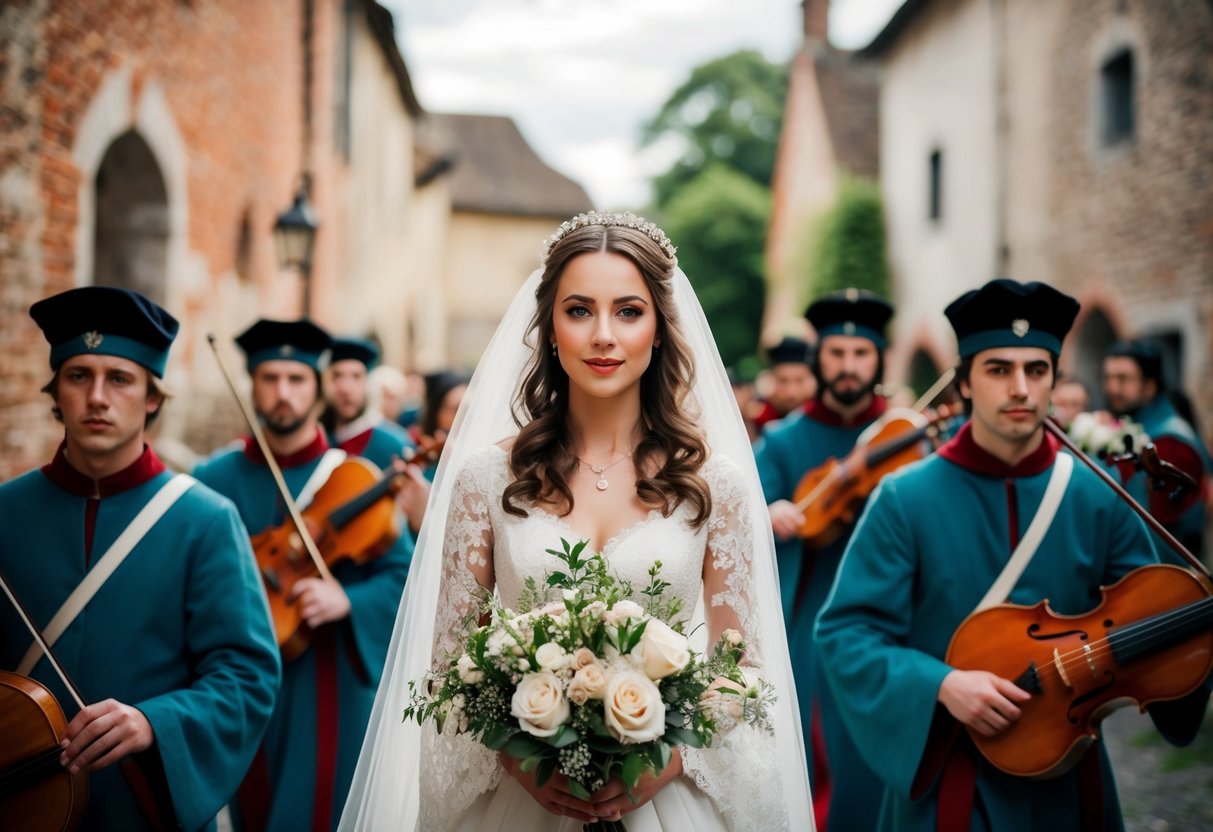 A medieval wedding procession with a young woman in a white gown, surrounded by flowers and musicians