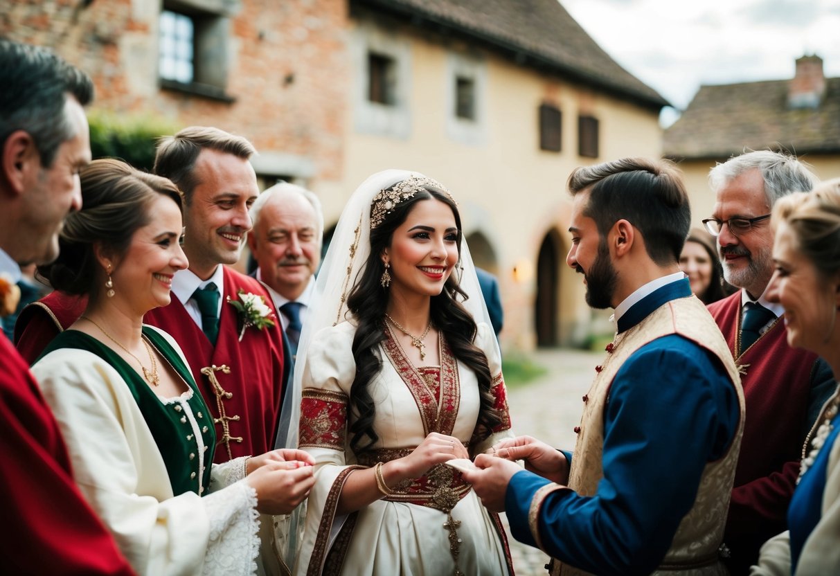 A medieval village wedding, with a young woman in traditional attire, surrounded by family and friends, exchanging vows with her groom