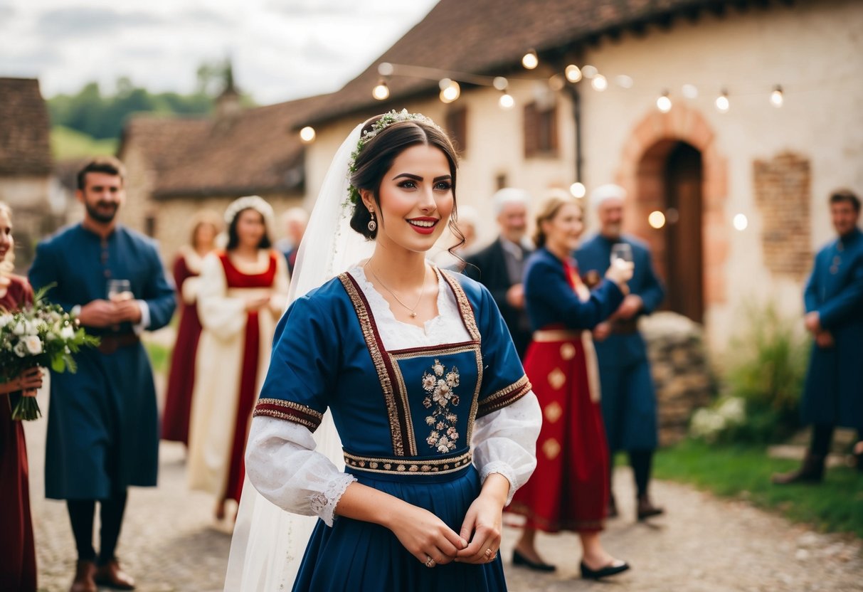 A medieval village wedding celebration with a young woman in traditional dress