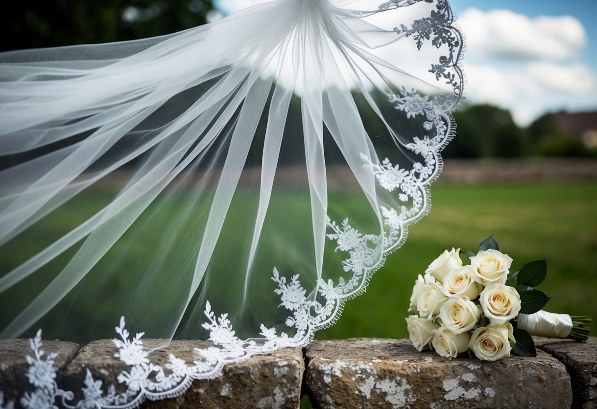 A bride's veil billows in the wind, revealing intricate embroidery and delicate lace trim. A bouquet of white roses rests on a weathered stone wall