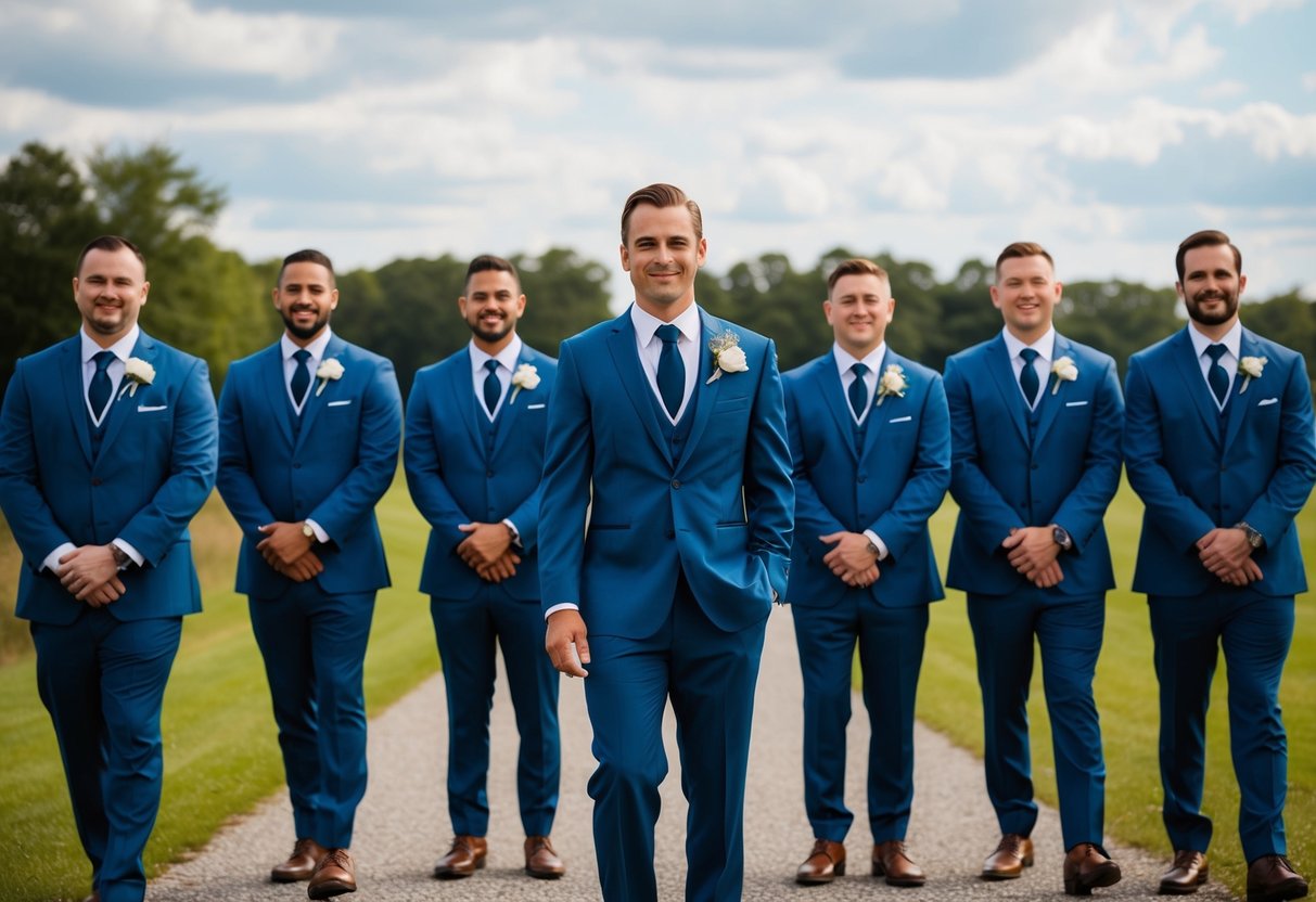 A group of groomsmen standing in a line, dressed in matching suits, with confident and mature expressions on their faces