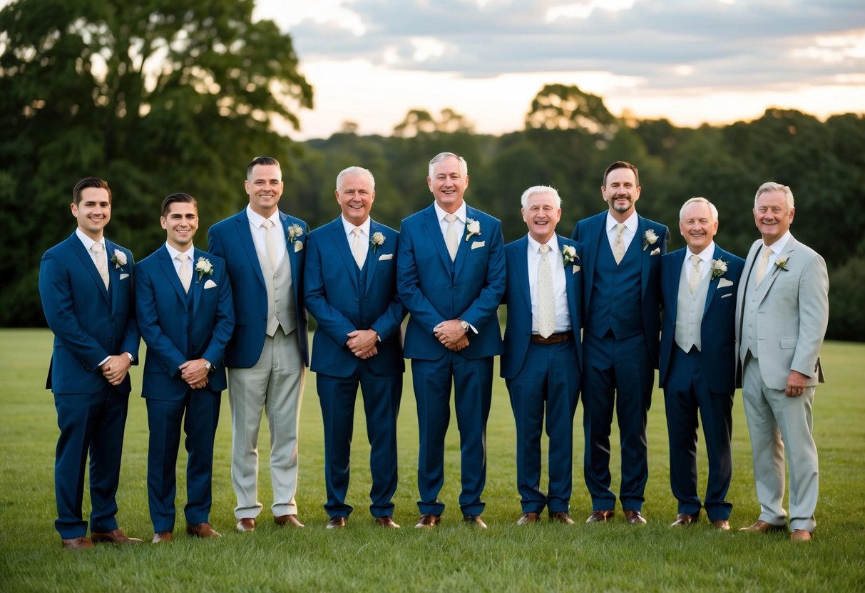 A group of groomsmen of varying ages stand together, representing a range of generations and family members