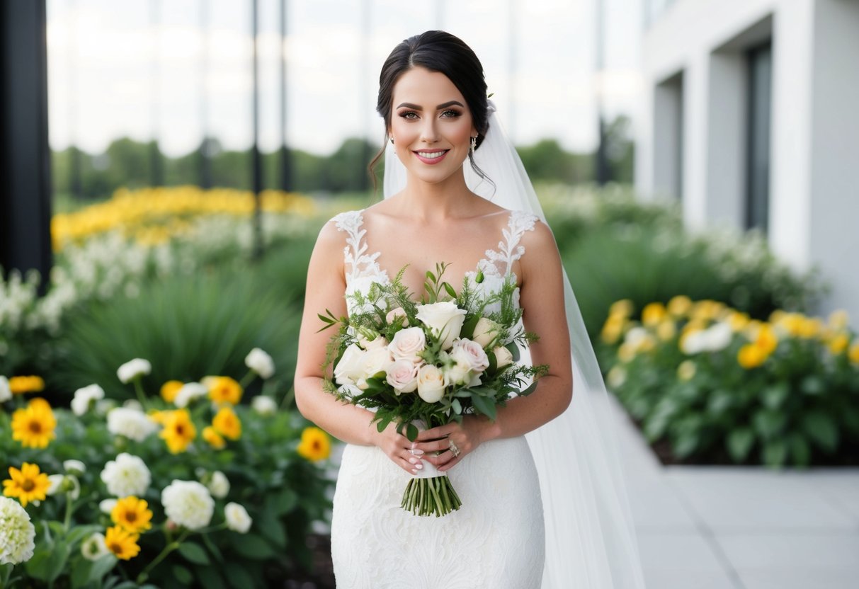 A bride holding a bouquet of flowers in a modern setting, surrounded by June flowers and greenery