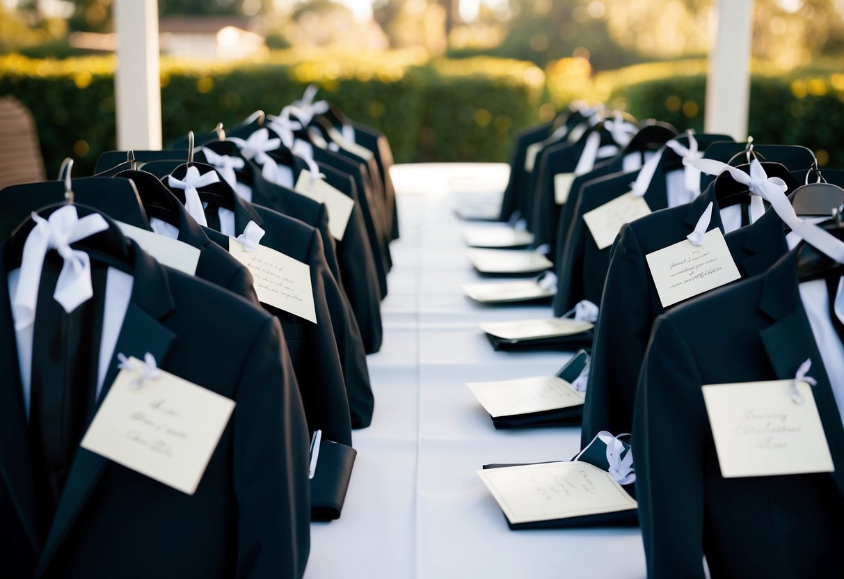 A group of tuxedos laid out on a table with personalized notes attached