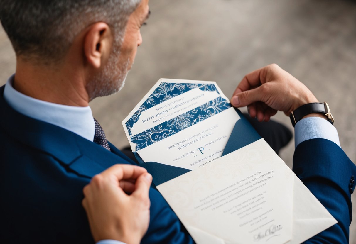 A man receives a formal invitation in the mail, with a decorative envelope and a personalized message inside