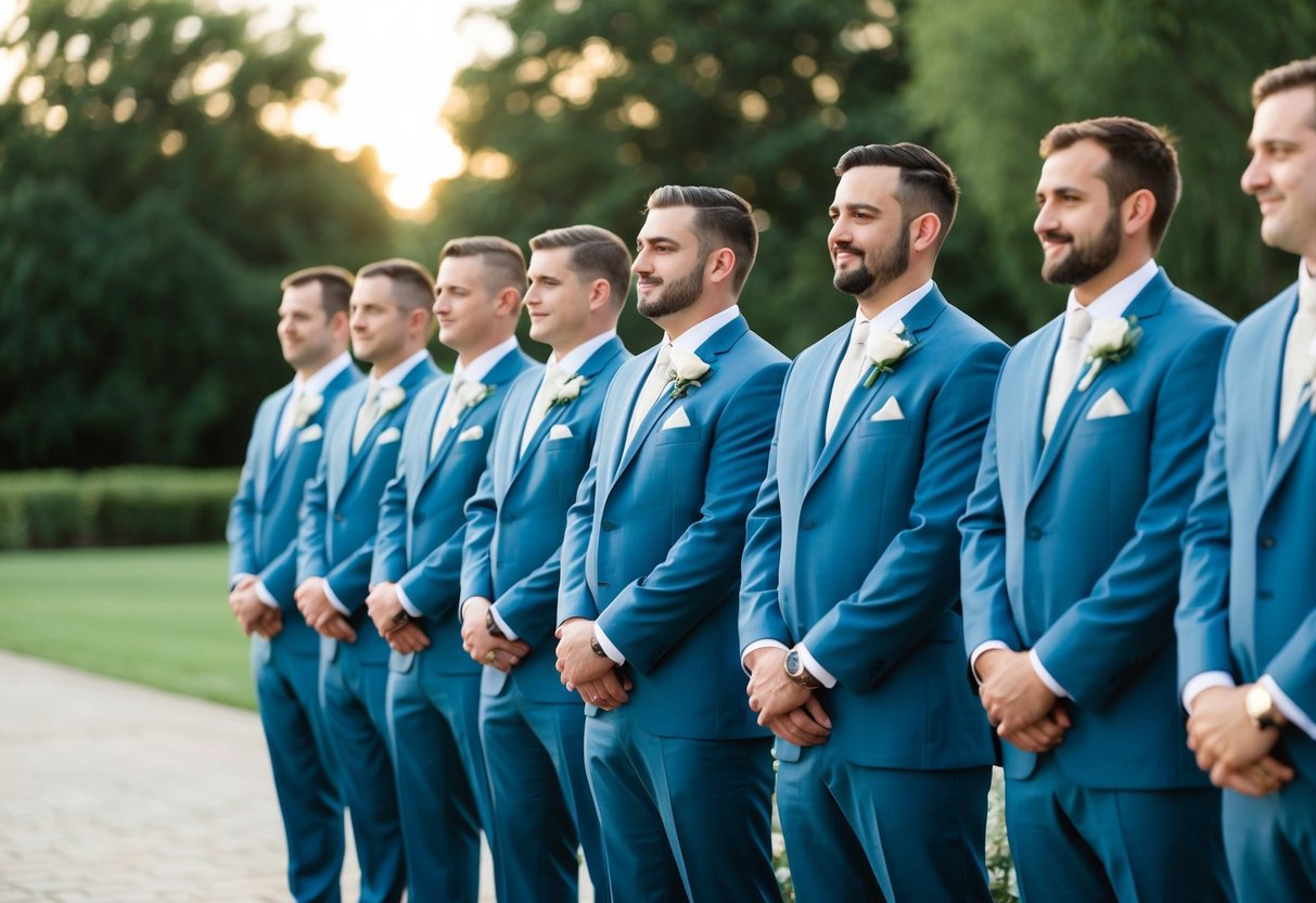A group of groomsmen standing in a line, wearing matching suits and holding bouquets or standing beside the groom at a wedding