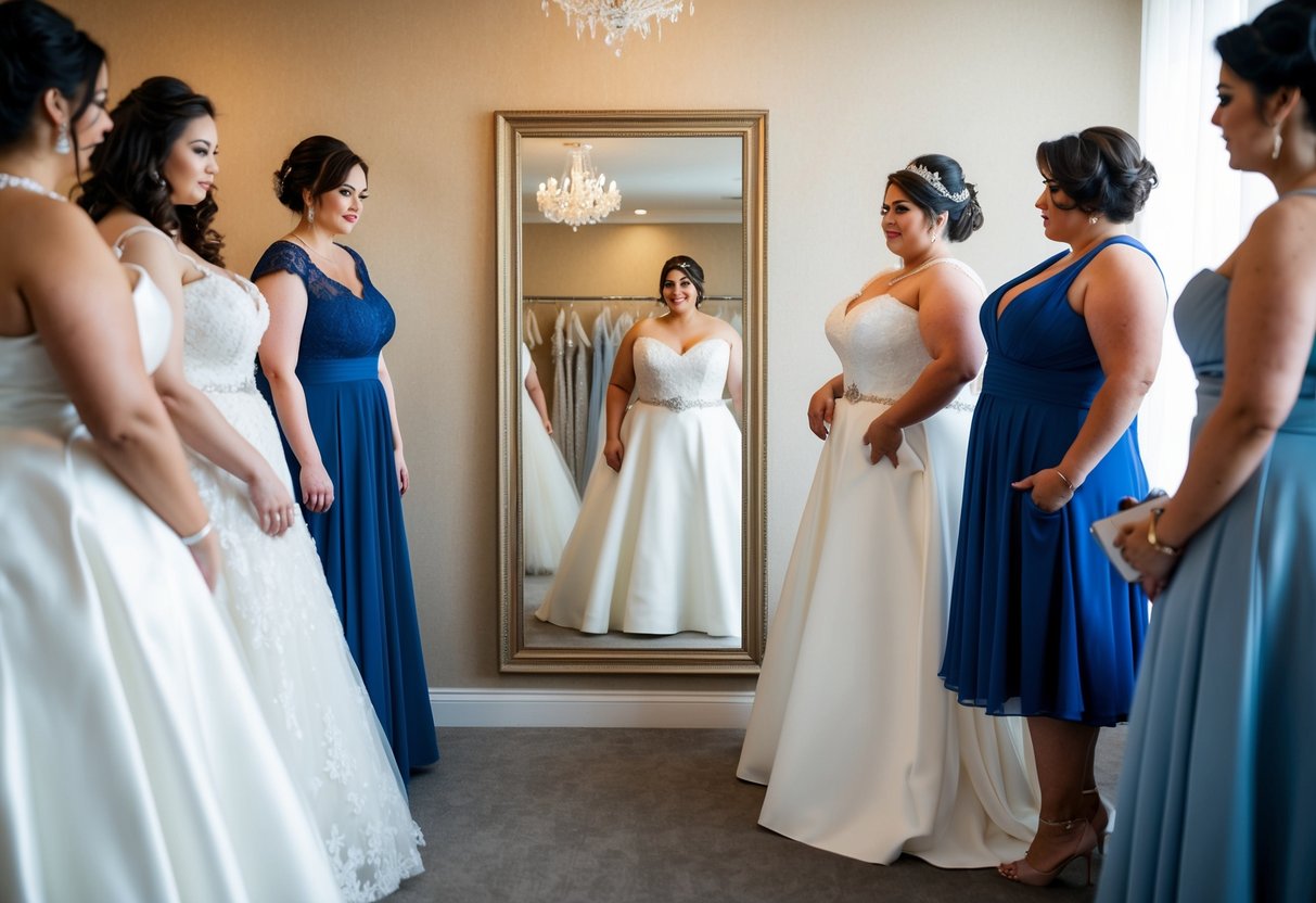 A plus-size bride stands in front of a full-length mirror, trying on different wedding dresses with a variety of styles and silhouettes
