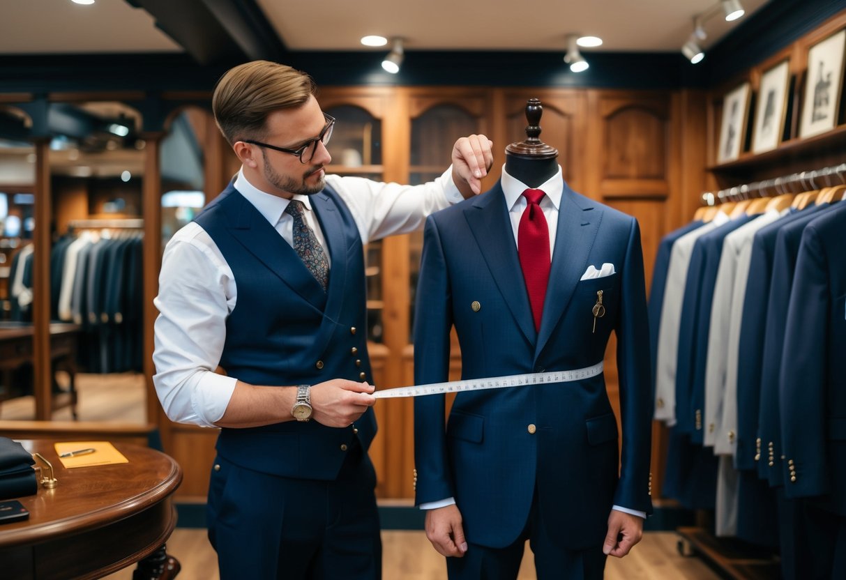 A tailor measures and fits suits in a traditional British menswear shop