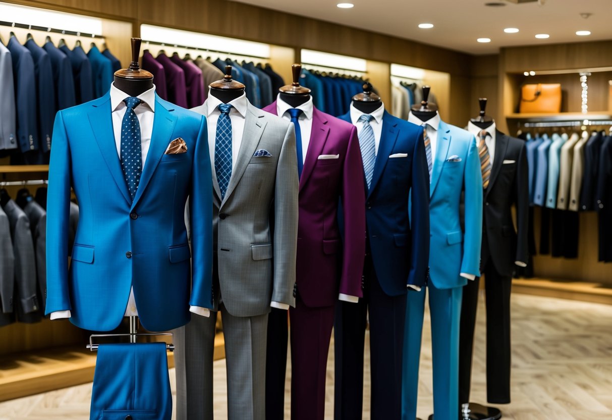 A group of stylish suits displayed in a menswear shop, with various colors and styles to choose from