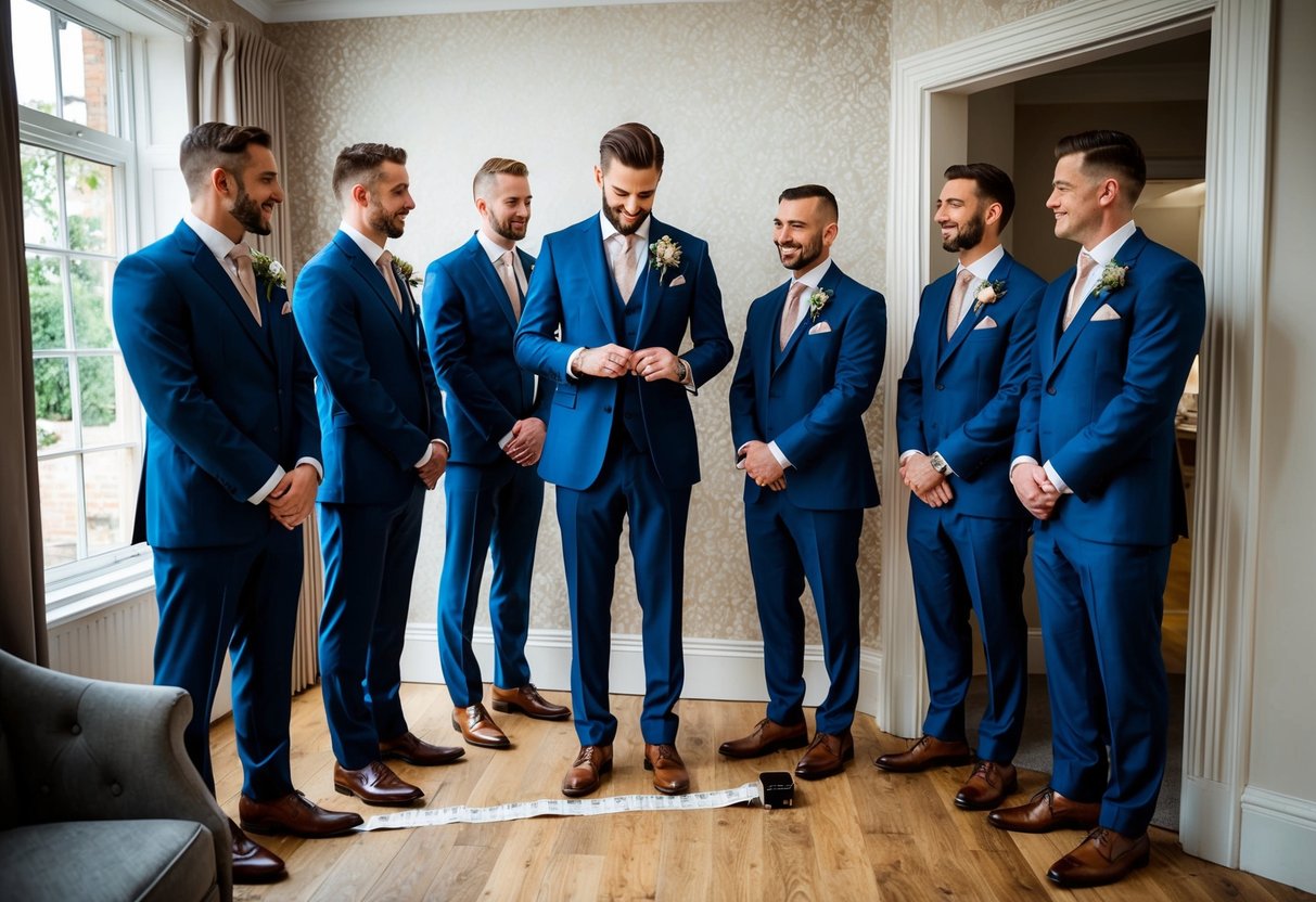 A tailor measures and fits groomsmen in stylish suits for a wedding in the UK