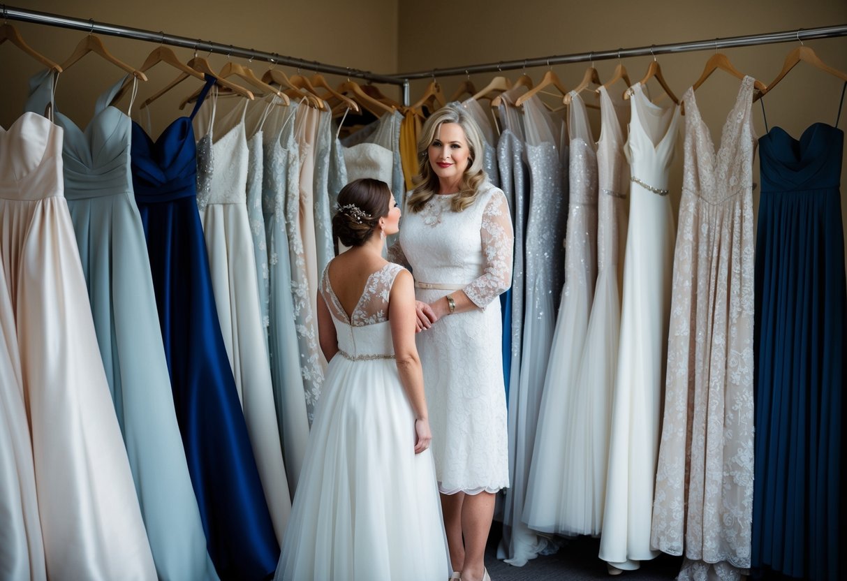 A woman stands in front of a row of elegant dresses, contemplating between a long gown and a short dress for her daughter's wedding