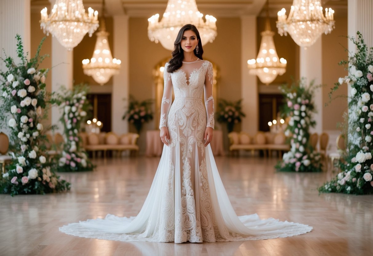 A woman in an elegant long dress, adorned with intricate lace and flowing fabric, stands in a grand ballroom decorated with ornate chandeliers and luxurious floral arrangements