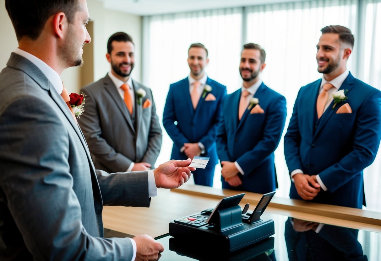 The groom hands over his credit card to the hotel receptionist, while the groomsmen eagerly await their room keys