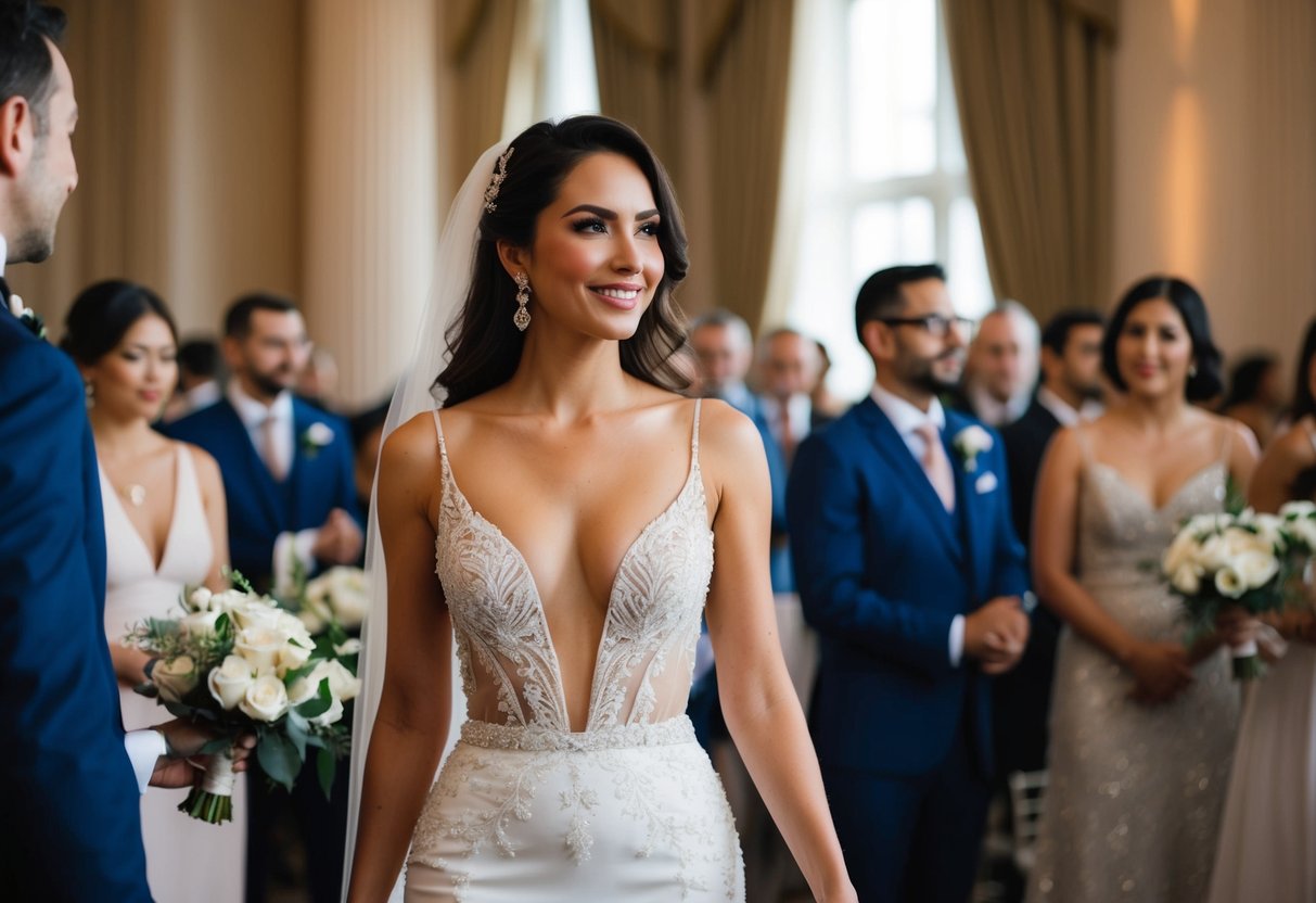 A woman in a low-cut dress stands out at a formal wedding, drawing attention from guests around her
