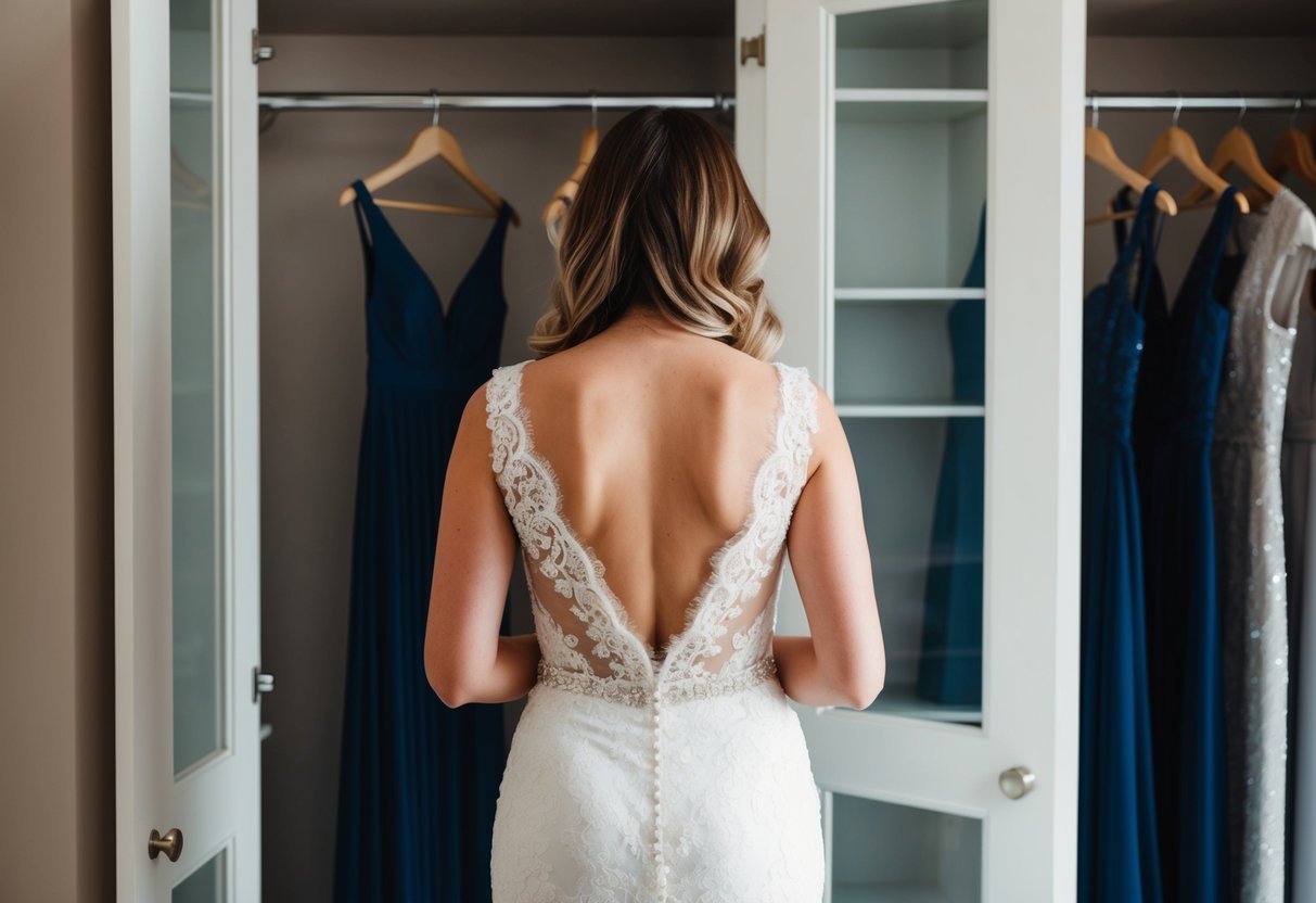 A woman standing in front of a closet, contemplating between a low-cut dress and a more conservative option for a wedding