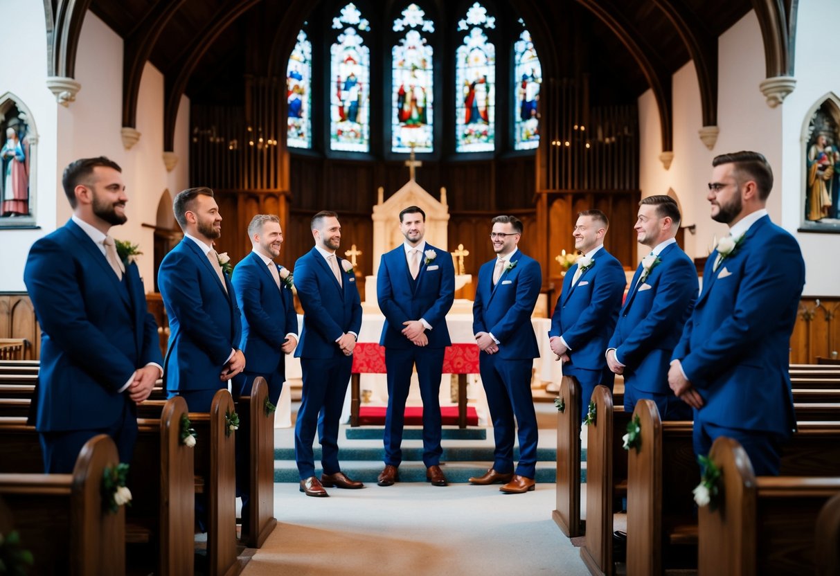 Groomsmen stand at the altar in a traditional UK church setting