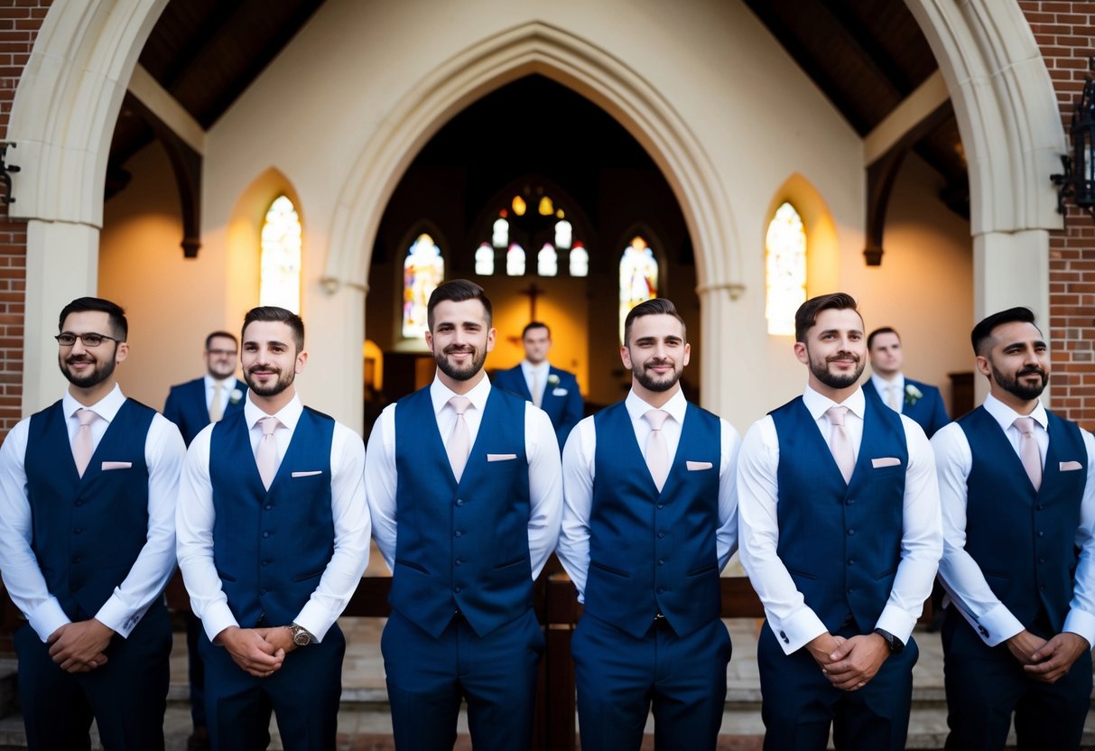 A group of groomsmen stand in a line at the front of a church, dressed in matching suits, awaiting the arrival of the bride and groom