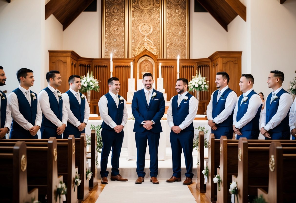 Groomsmen stand at the altar in a traditional processional and ceremony structure