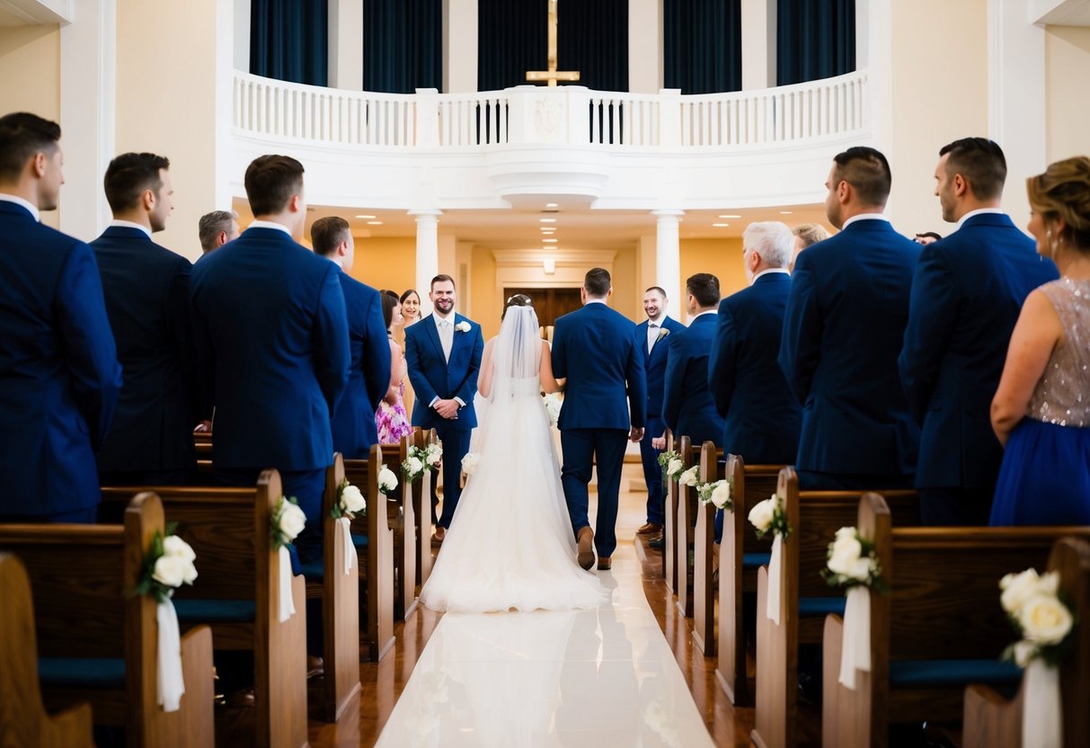 Groomsmen stand at the altar, facing the aisle. Guests fill the pews, while the bride and groom exit the ceremony. Reception hall awaits