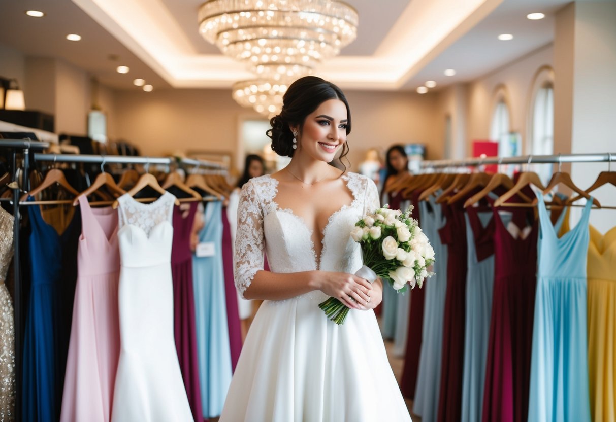 A bride holding multiple bridesmaid dresses while shopping in a boutique