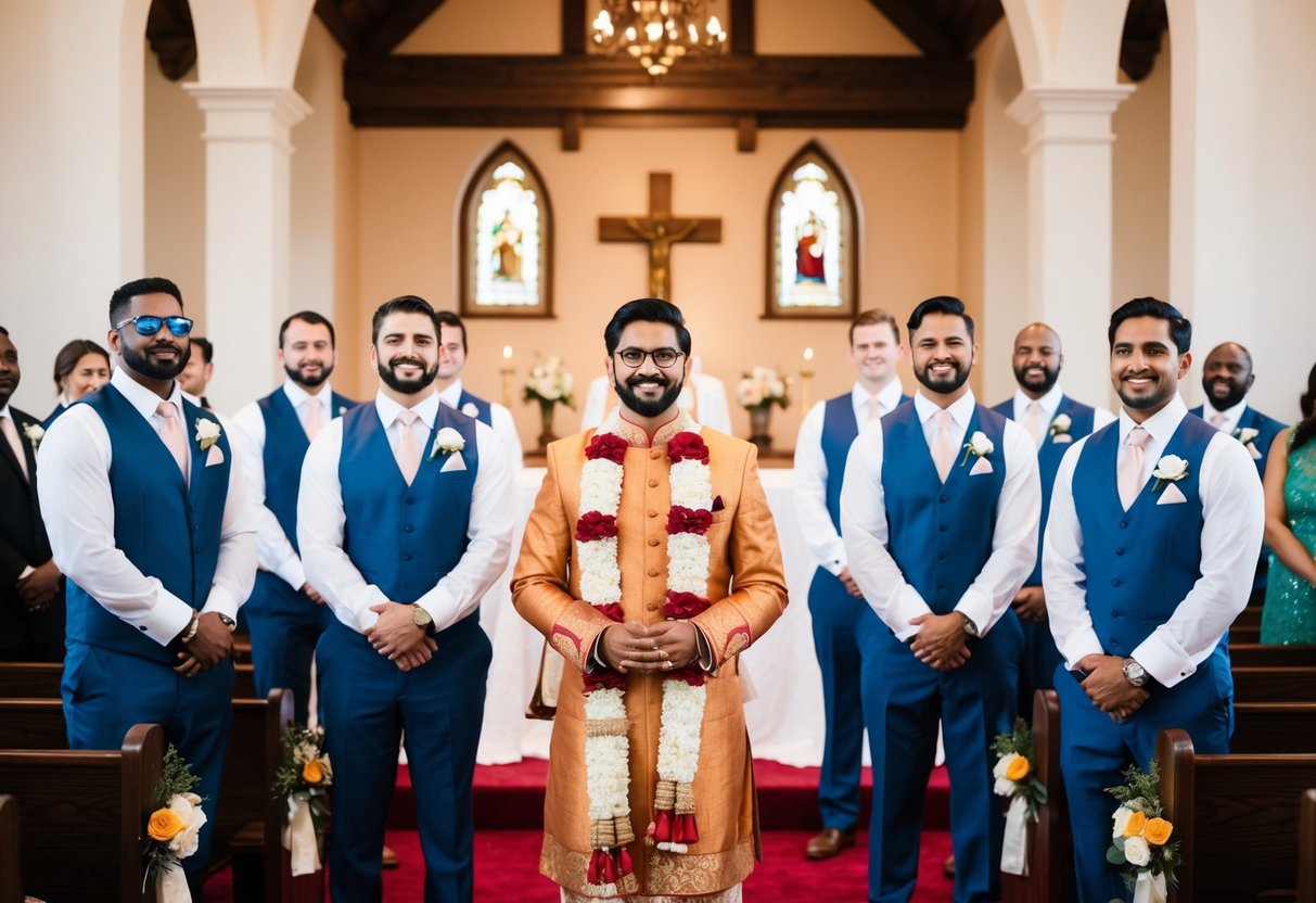Groomsmen stand at the altar with cultural and personal touches incorporated into their attire and accessories