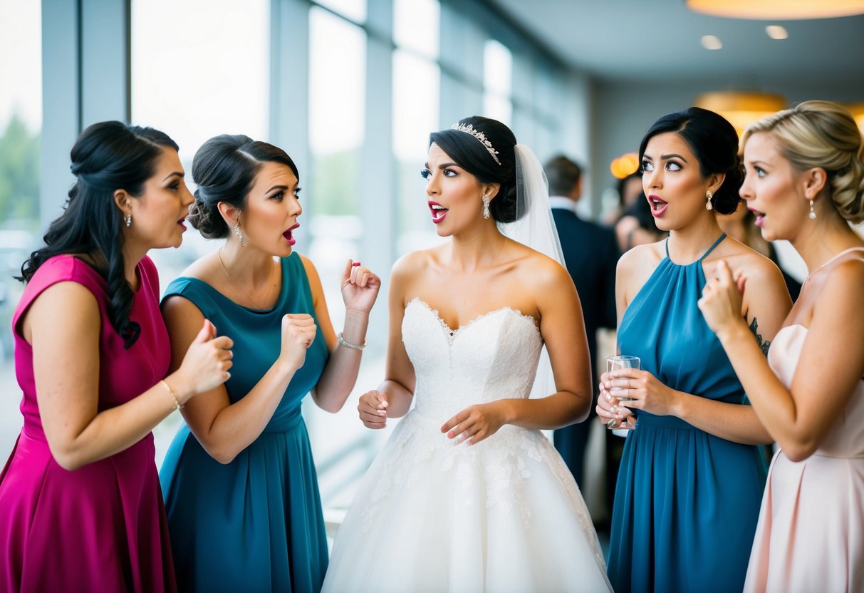 A group of bridesmaids and a bride discussing dress shopping, with a mix of excitement and concern in their expressions