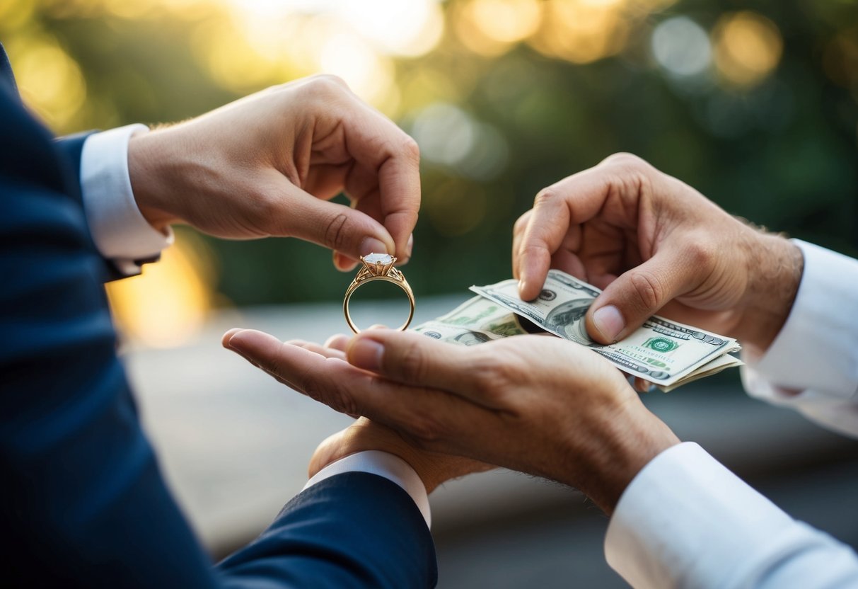 A man's hand holding a wedding ring while another hand offers money