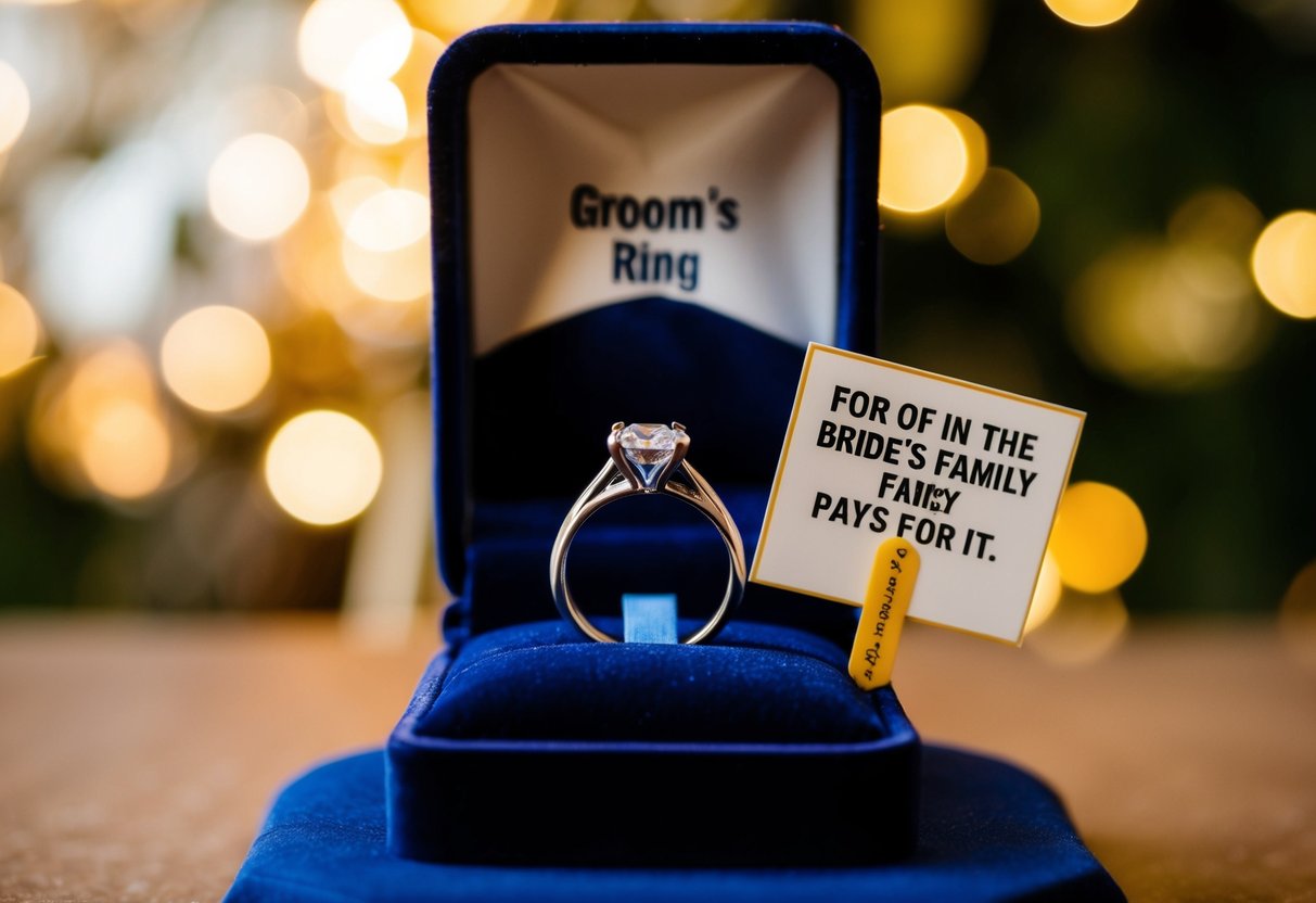 A groom's ring displayed on a velvet cushion, with a price tag and a small sign indicating the tradition of the bride's family paying for it