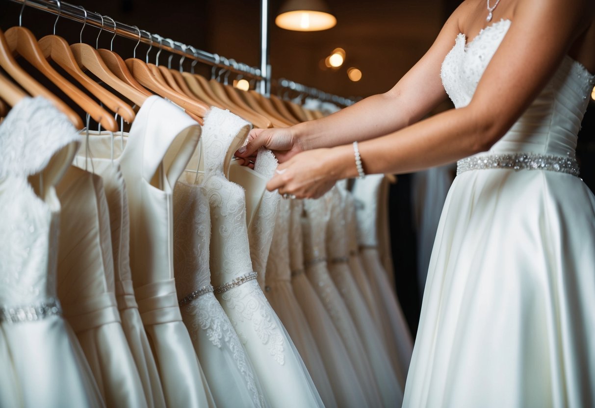 A rack of wedding dresses being quickly sifted through by a pair of hands