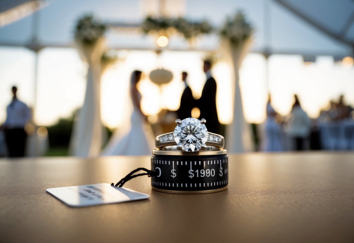 A groom's ring displayed alongside a price tag, with a blurred background of a wedding venue and a subtle focus on the financial aspect