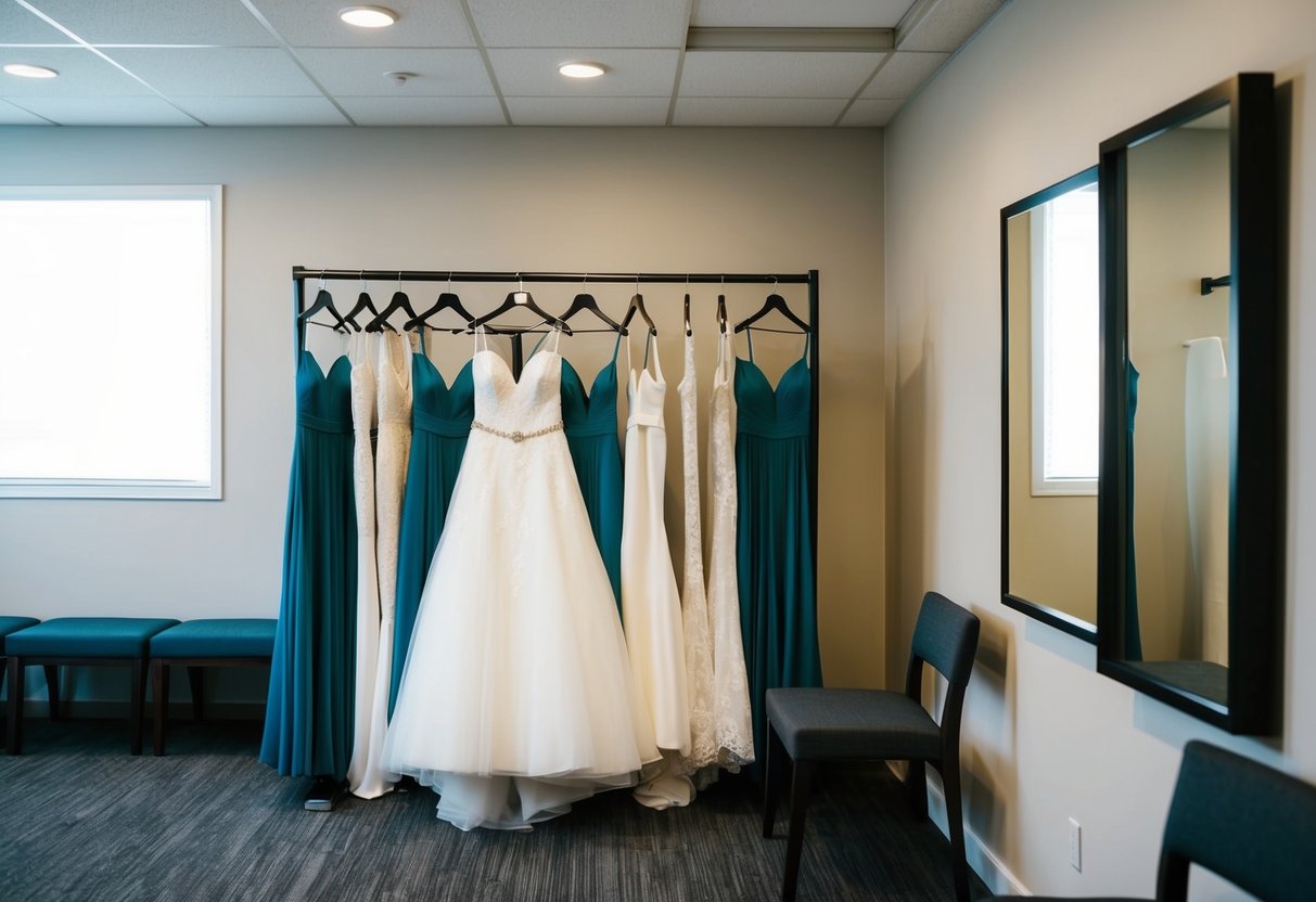 A rack of wedding dresses in a fitting room, with a mirror and seating area nearby