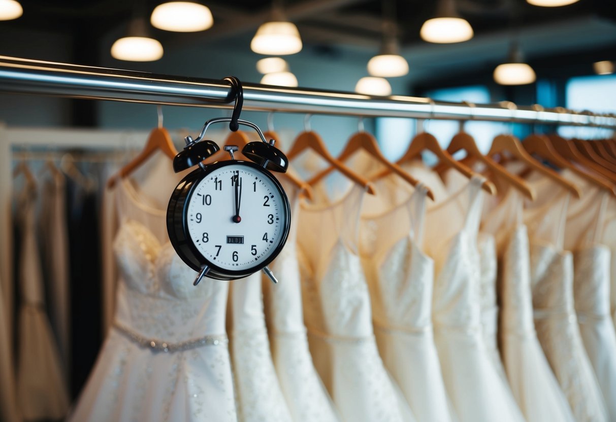A rack of wedding dresses with a timer showing one hour