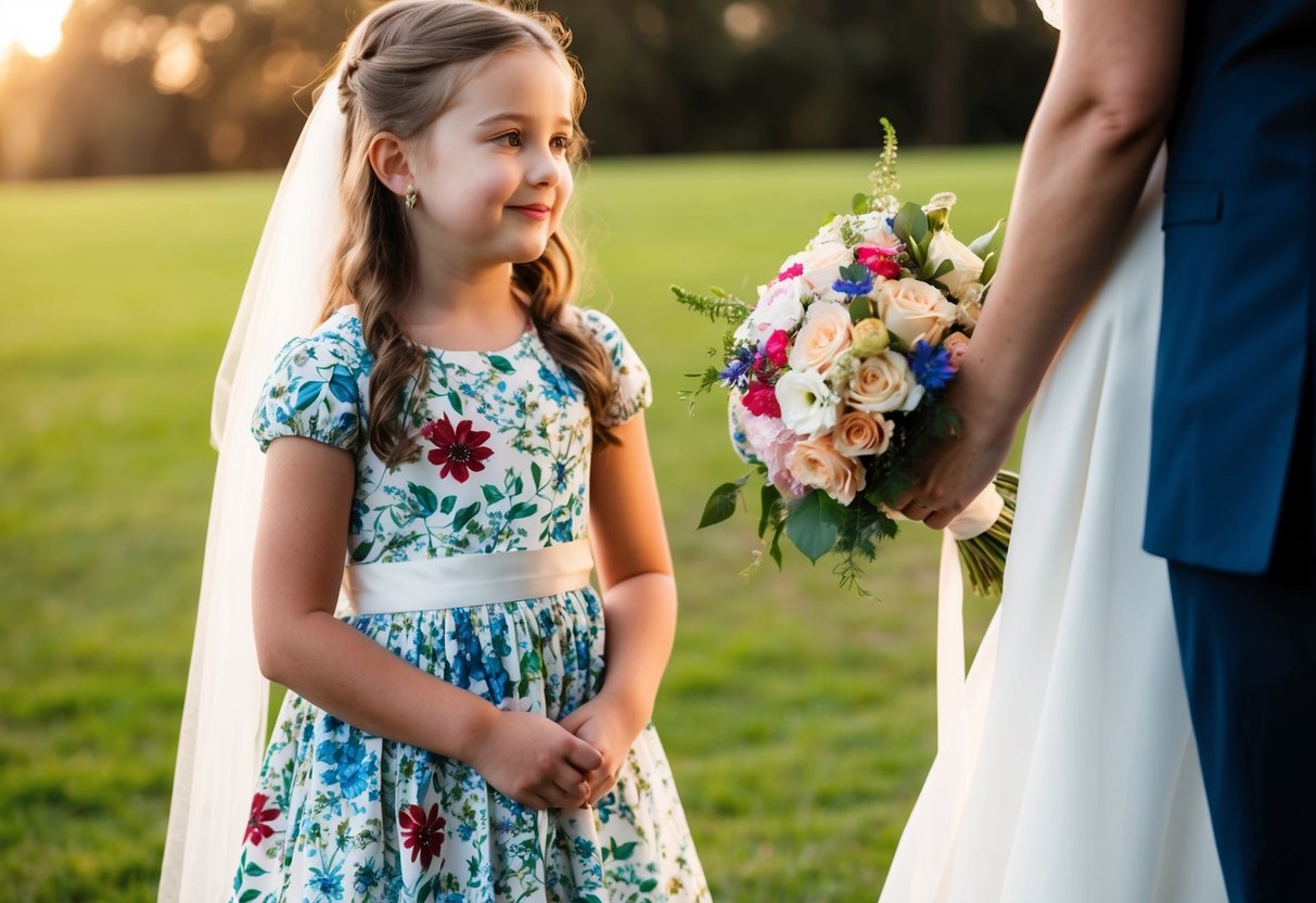 A young girl in a floral dress stands beside a bride, holding a bouquet