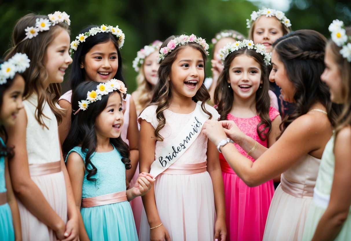 A group of young girls in pretty dresses and flower crowns gather excitedly, while a woman helps one of them put on a bridesmaid sash