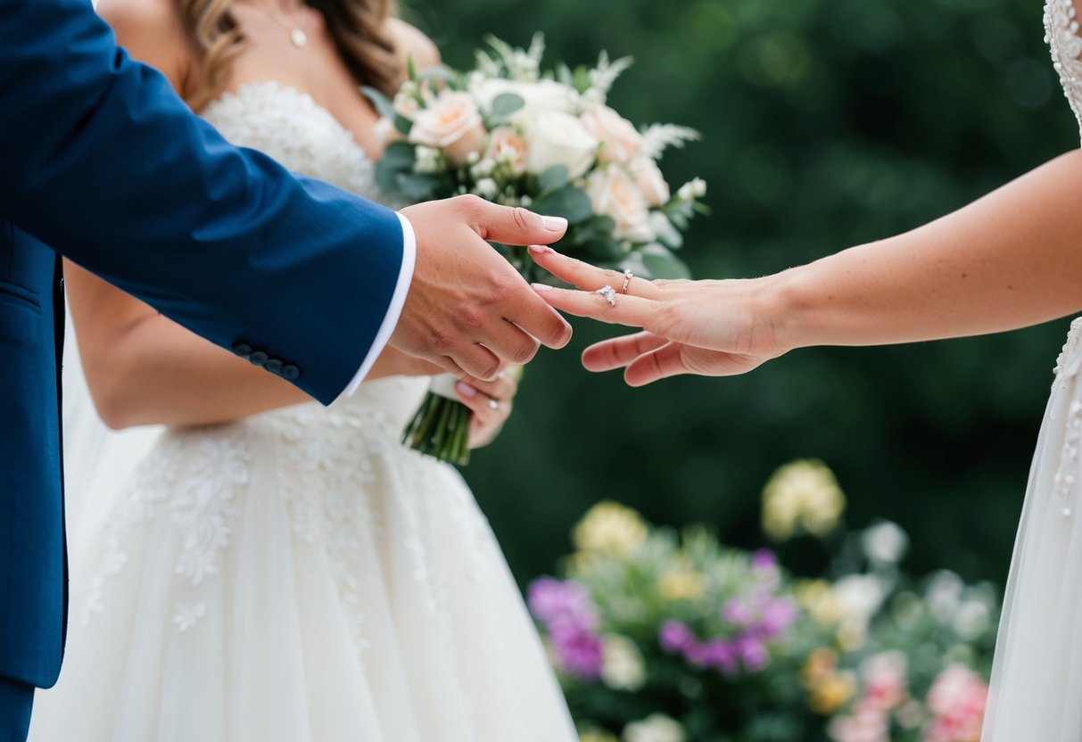 A groom hands a ring to a bride, symbolizing the tradition of exchanging rings in a wedding ceremony